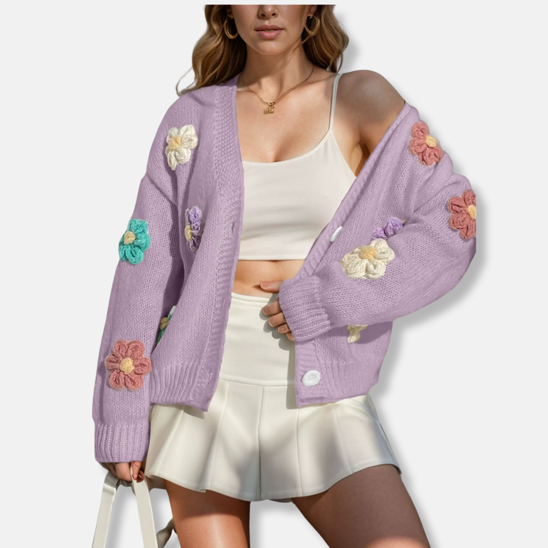 Women’s Knitted Cardigan – Oversized Fit – Wool Blend – Handmade Floral Accents – Button Front