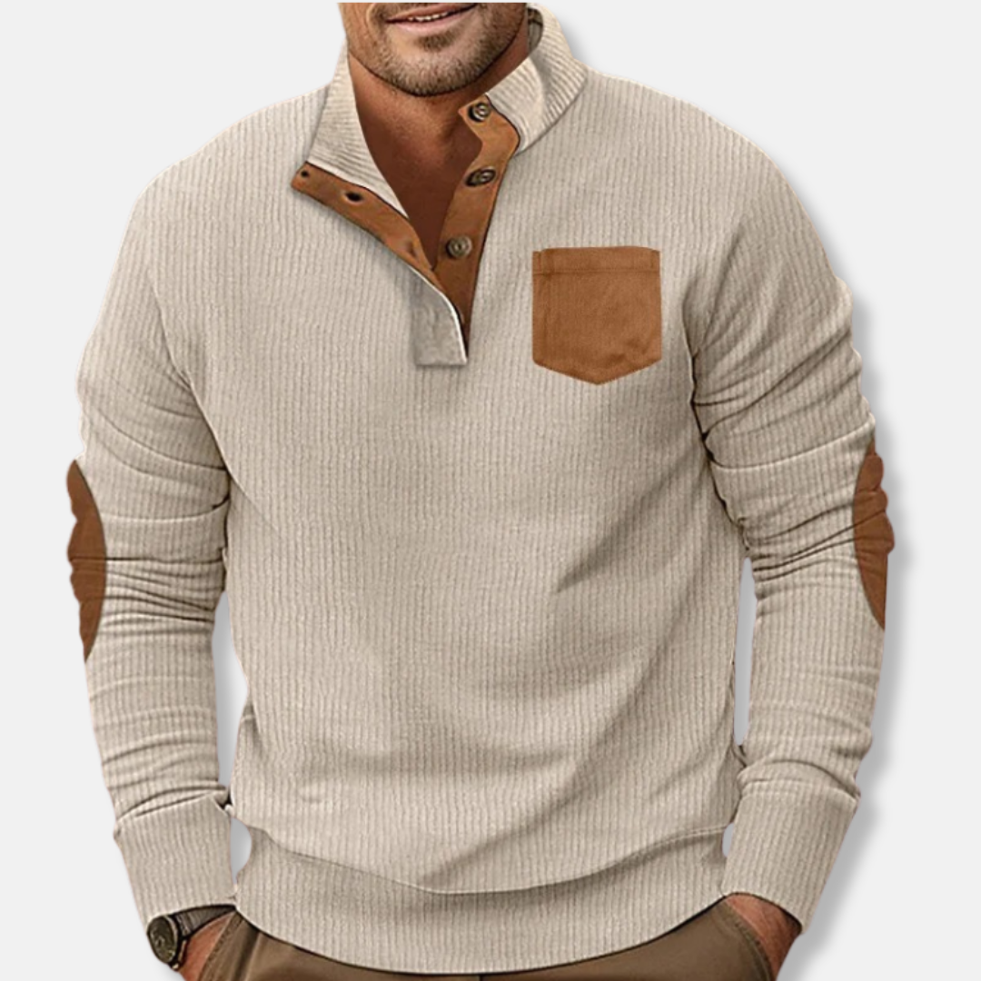 Men's Ribbed Knit Sweatshirt With Stand Collar And Contrast Elbow Patches For Everyday Wear