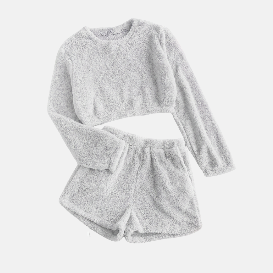 Women’s Two-Piece Loungewear Set – Textured Plush – Cropped Long Sleeve Top – High-Waisted Shorts