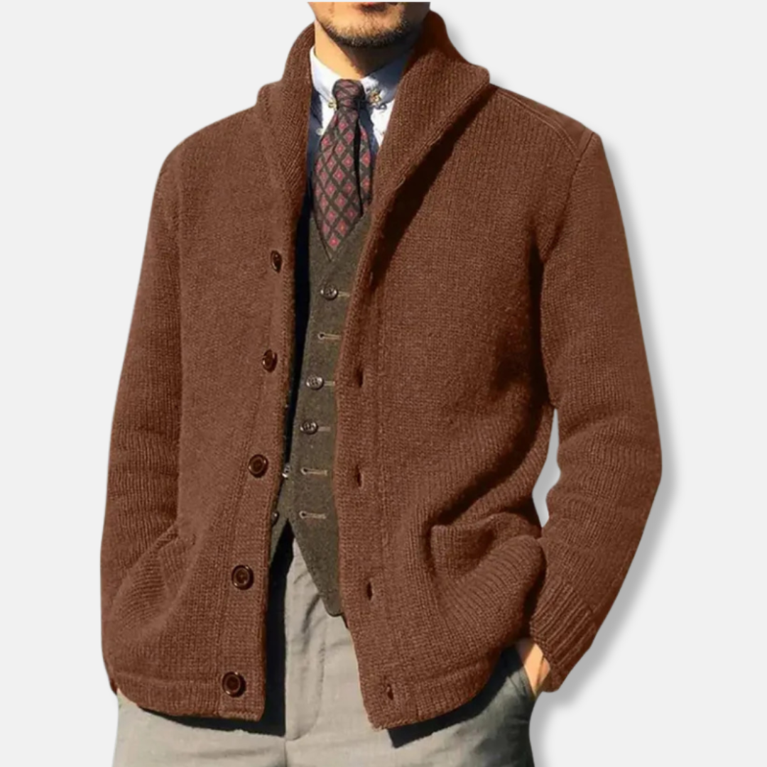 Mens Cardigan Wool Knit Regular Fit With Shawl Collar Button Front Ribbed Cuffs Design
