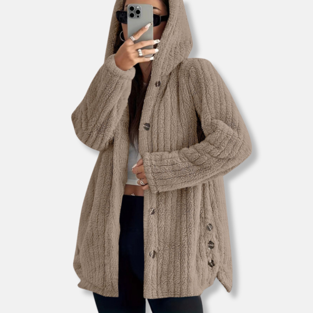 Women’s Plush Coat – Hooded Loose Fit – Button Front – Soft Textured Mid-Length