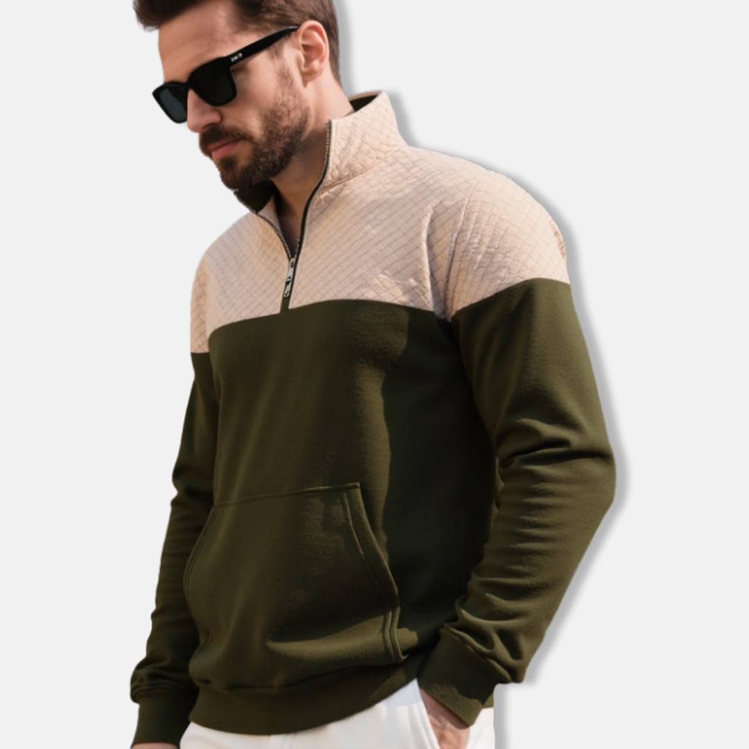 Men's Cotton Blend Sweatshirt With Stand Collar Half Zip And Quilted Diamond Pattern