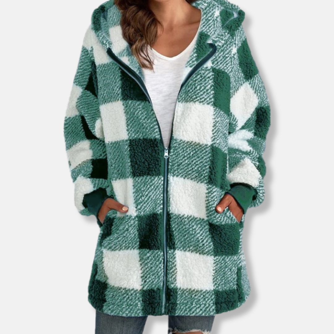 Women’s Hooded Jacket – Oversized Fit – Soft Knit – Full Zip – Long Length – Check Pattern
