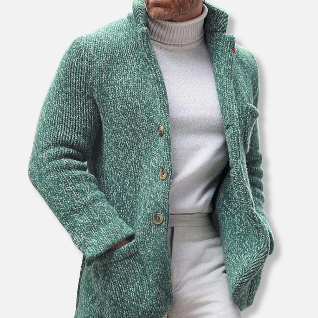 Men's Textured Knit Cardigan With Stand Collar Single Breasted And Patch Pockets For Smart Casual Wear By TrendAura