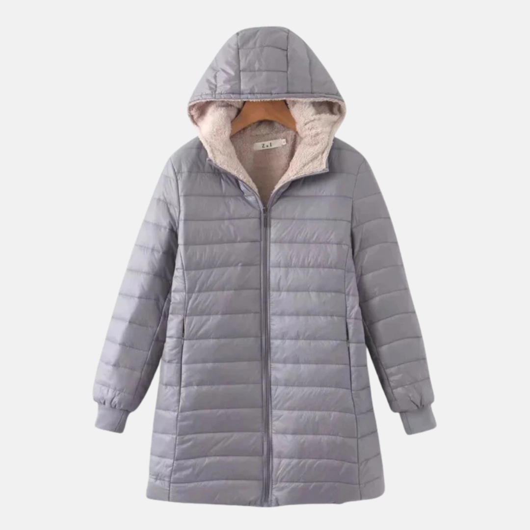 Women’s Quilted Coat – Mid-Length – Hooded – Fleece Lined – Ribbed Cuffs – Insulated