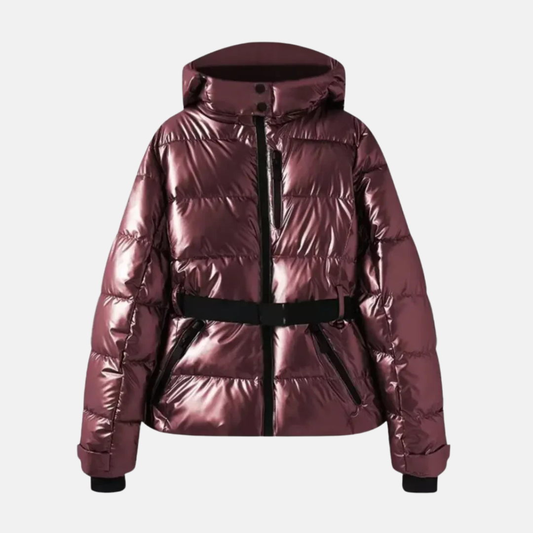 Women’s Ski Jacket – Insulated Puffer – Belted Waist – Waterproof – Hooded Zip Pockets