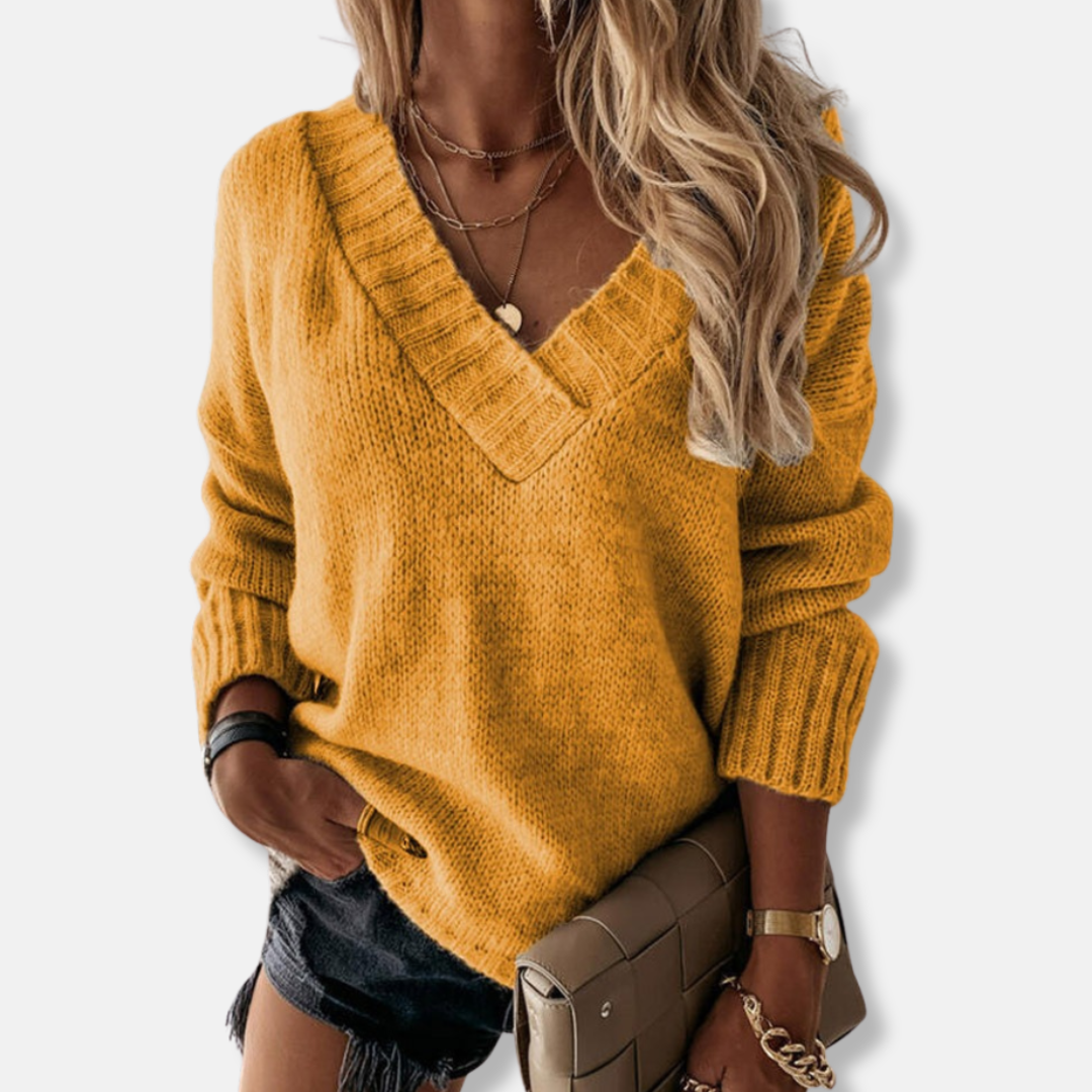 Women’s Knit Sweatshirt – Relaxed Fit – Deep V-Neck – Ribbed Hem – Long Sleeve