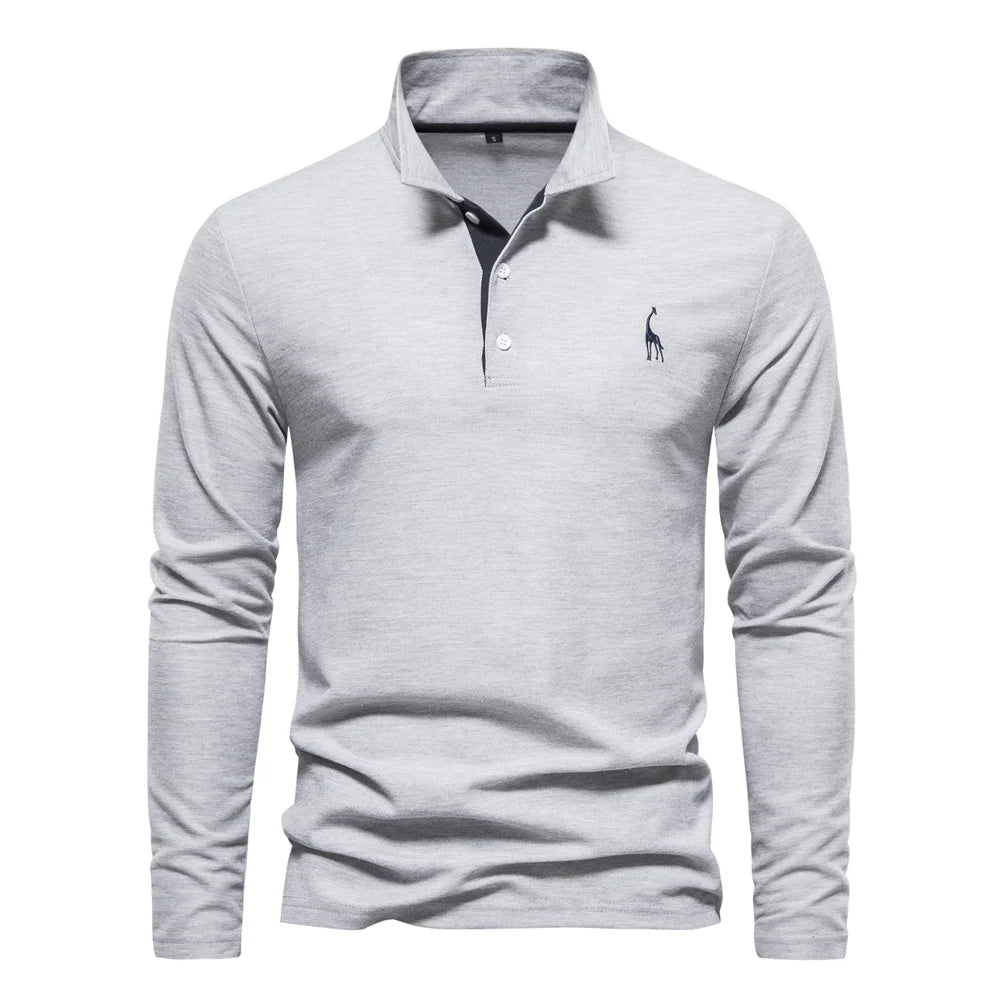 Mens Long Sleeve Polo Shirt By Designer For Professionals With Refined Deer Embroidery And Smart Design