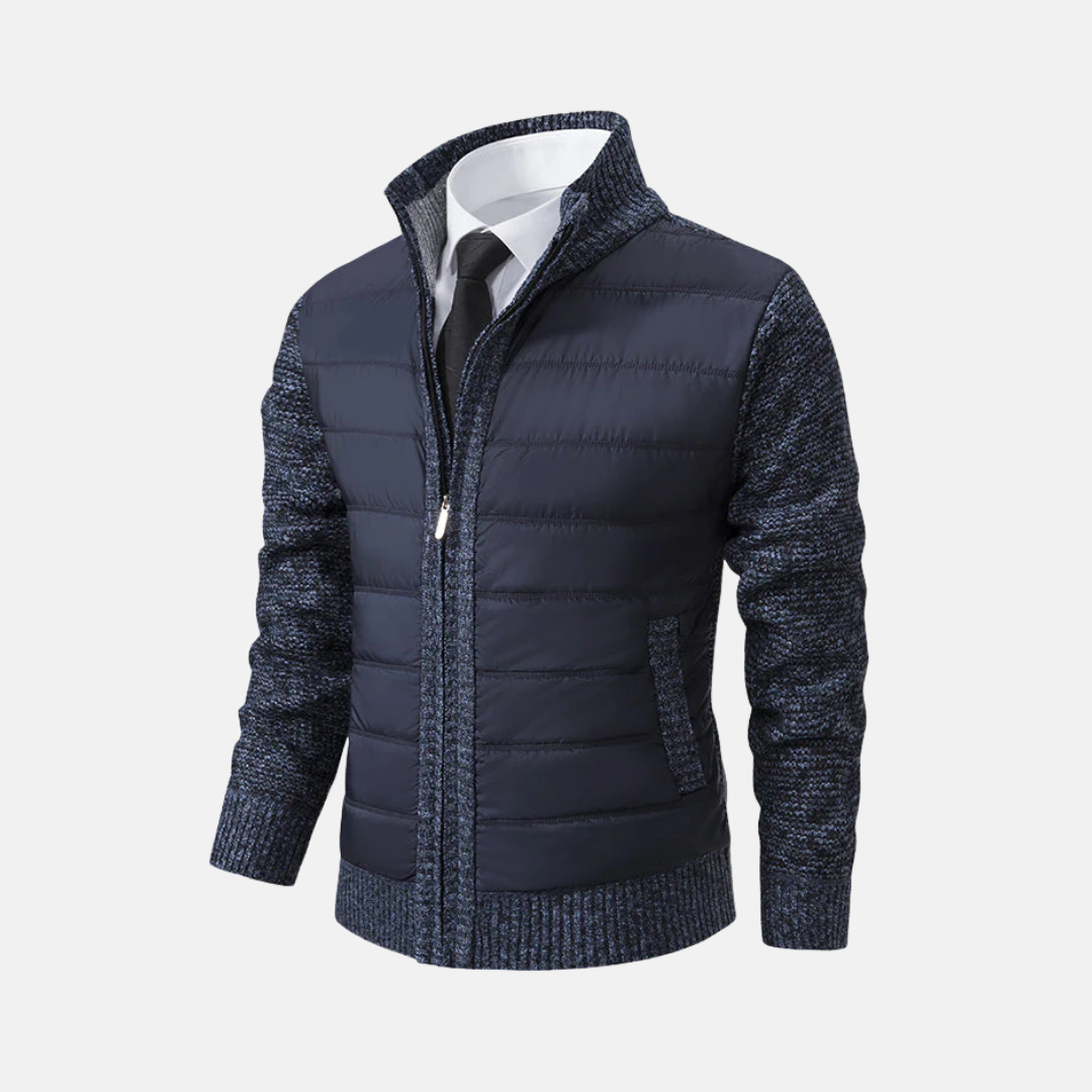 Men's Acrylic Blend Slim Fit Jacket With Stand Collar And Knitted Sleeves For Modern Style