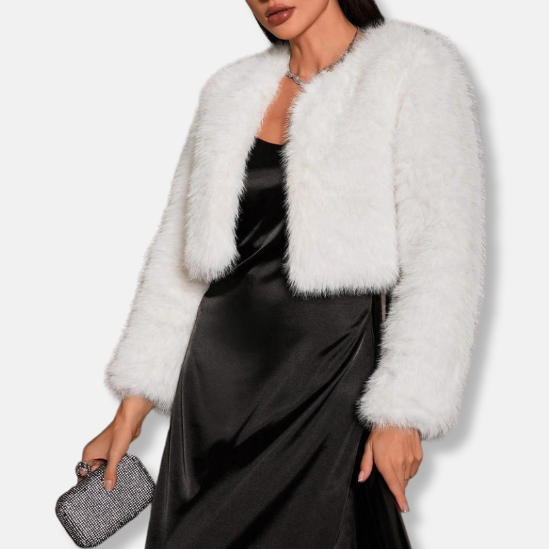 Women’s Coat - Faux Fur - Cropped Length - Open Front - Collarless Neckline