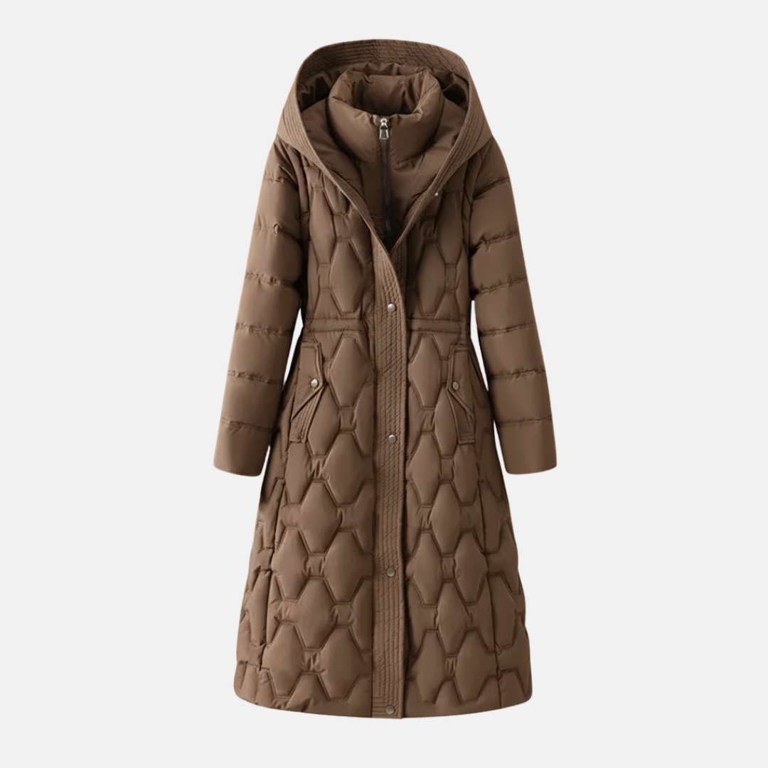 Women’s Long Quilted Jacket – Fitted Waist – Hooded – Snap Closure – Padded Insulation