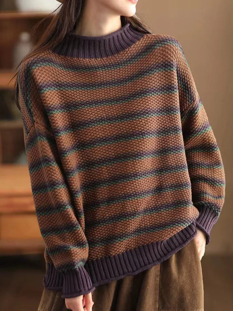 Nordic Striped Relaxed Fit Mock Neck Sweater | Ribbed Long Sleeve Sweater