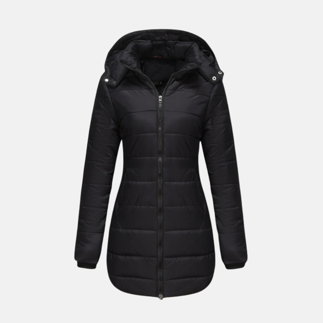 Women’s Longline Padded Coat – Quilted Insulated – Two-Way Zipper – Hooded Warm Fit