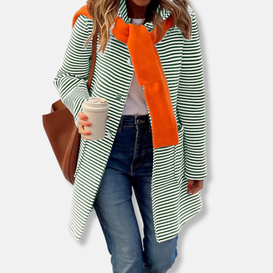 Women’s Trench Coat – Relaxed Fit – Mid-Thigh Length – Striped – Cotton Blend – Double-Breasted