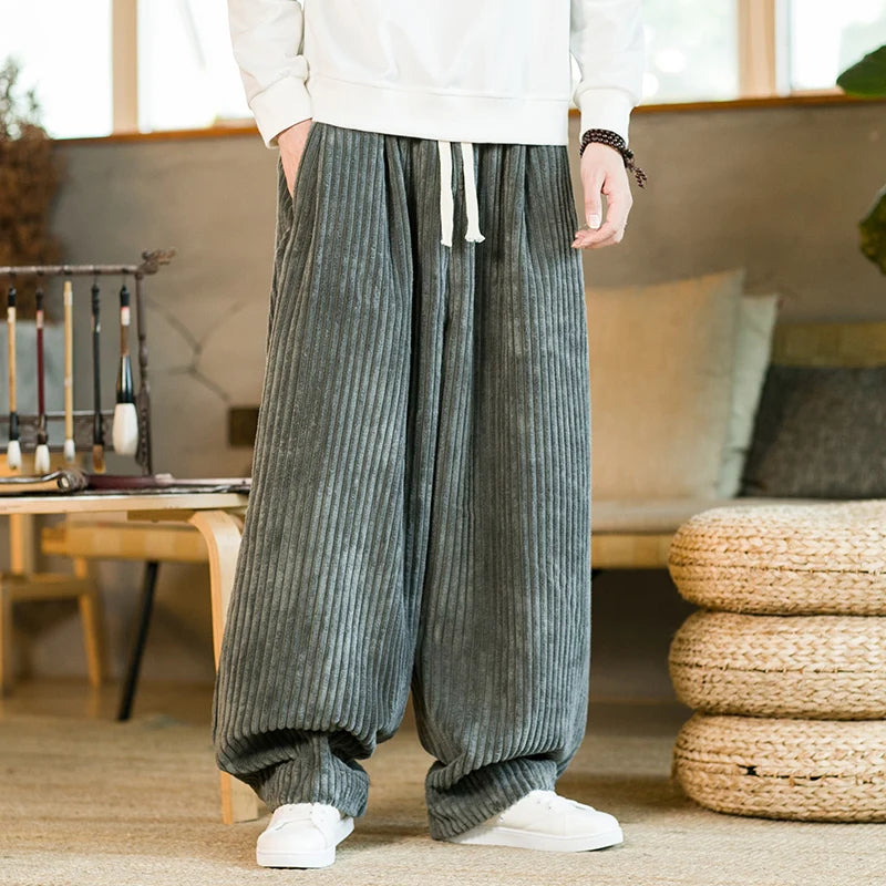 Relaxed Fit Pleated Corduroy Harem Pants For Men Solid Casual Lounge Wear With Drawstring Waist