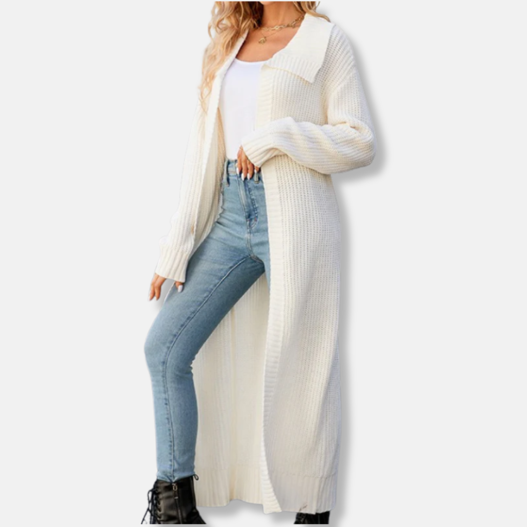 Women’s Cardigan – Wool Knit – Loose Fit – Wide Lapel – Ribbed Cuffs – Maxi Length