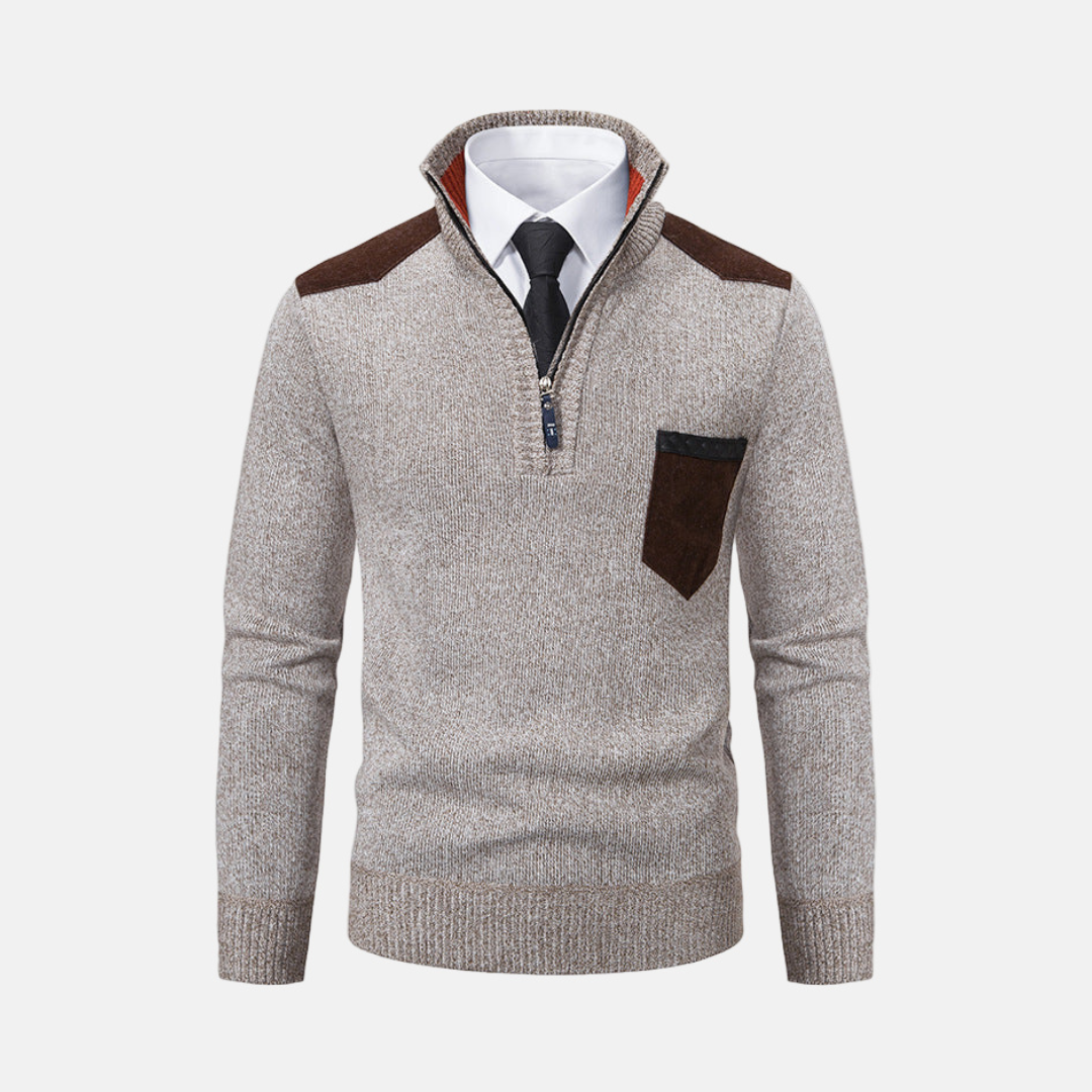 Mens Knit Blend Pullover Sweater With Stand Collar And Quarter Zip For Smart Casual Wear