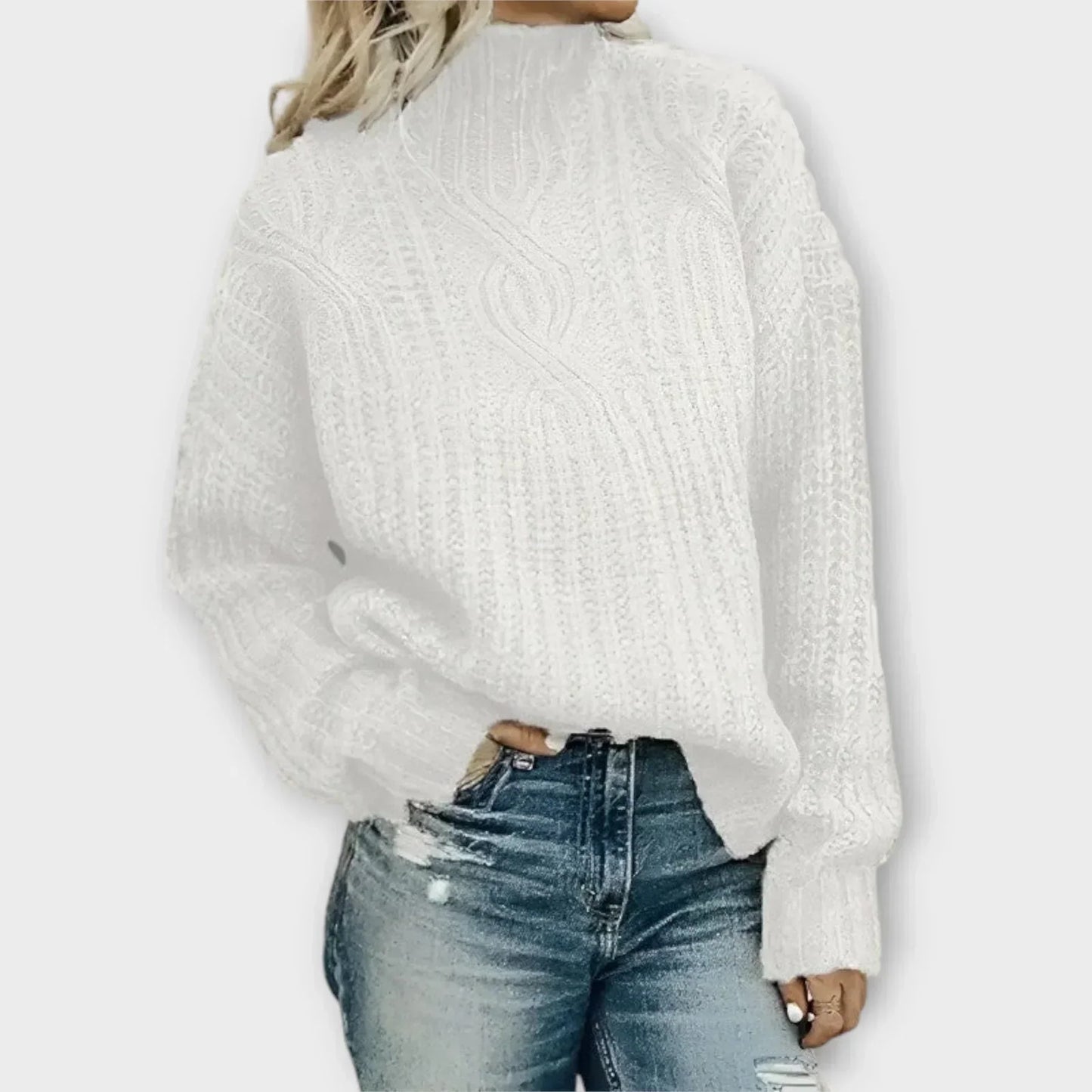 Women's High-Neck Sweater with Ribbed Texture and Long Sleeves