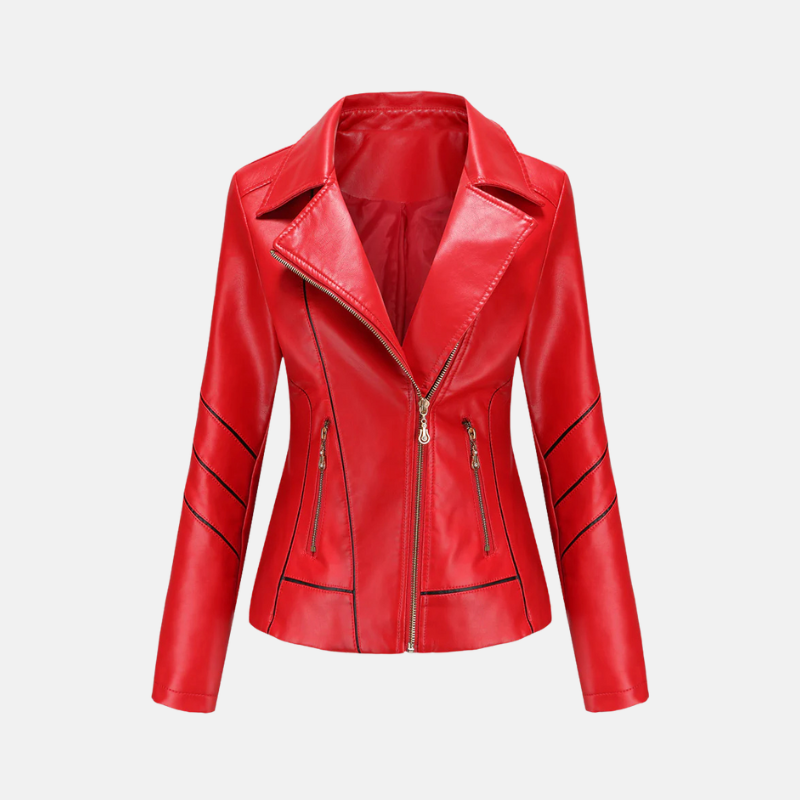 Women’s Motorcycle Jacket – Slim Fit Faux Leather – Asymmetrical Zip – Quilted Sleeves – Cropped