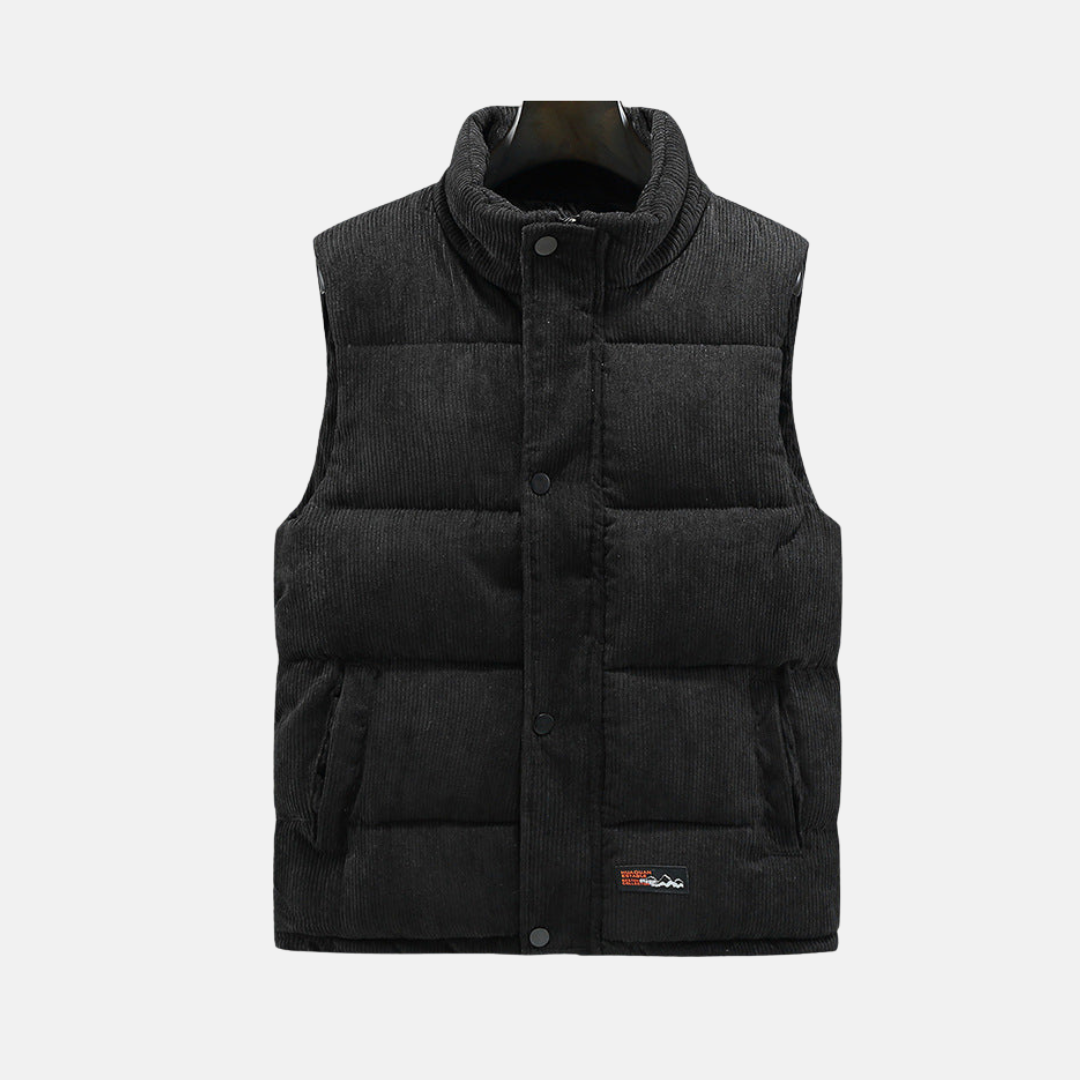 Men's Corduroy Quilted Vest With High Collar And Snap Front For Casual Winter Layering