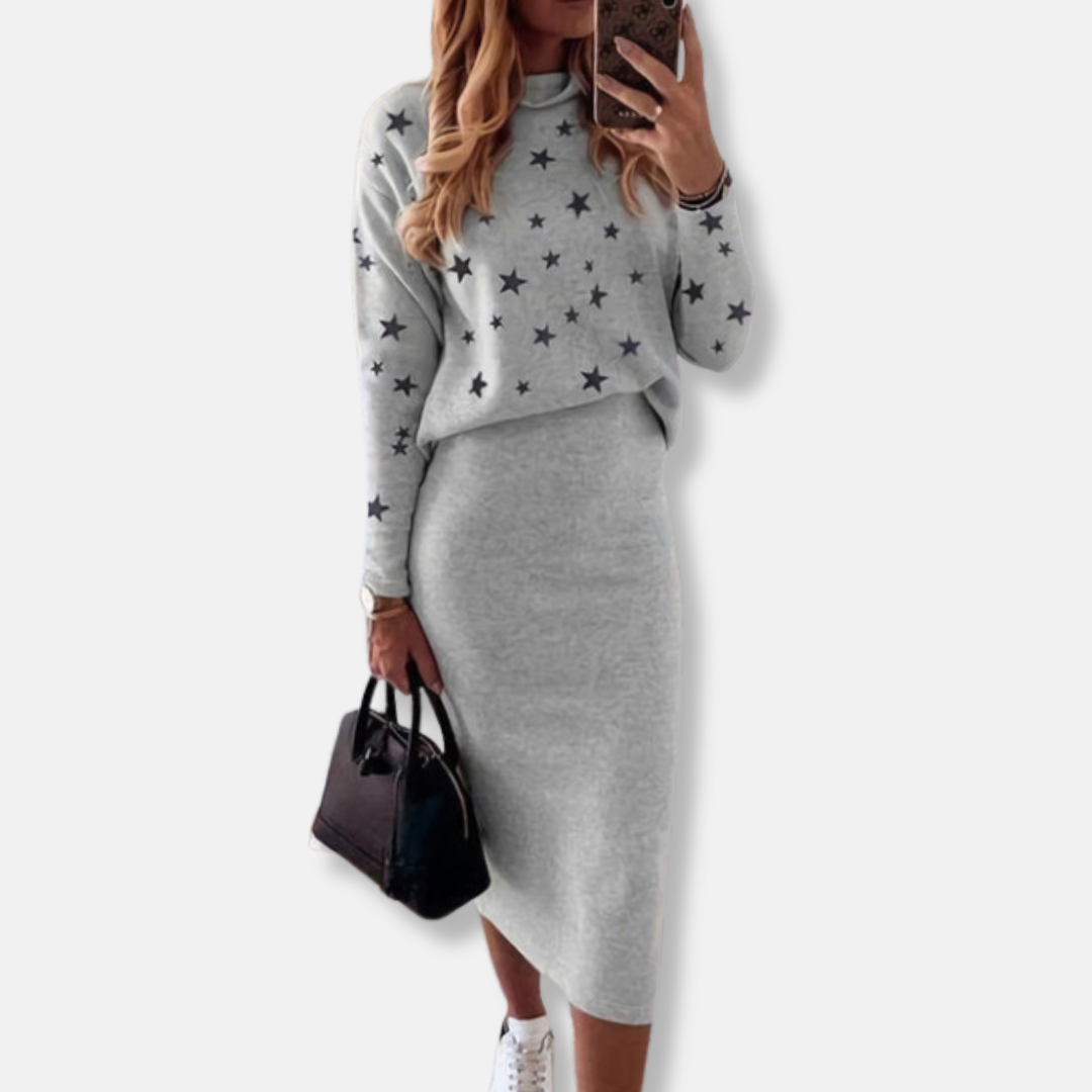 Women’s Two-Piece Set – Knit High Neck Top with Star Pattern – Slim Fit Midi Skirt