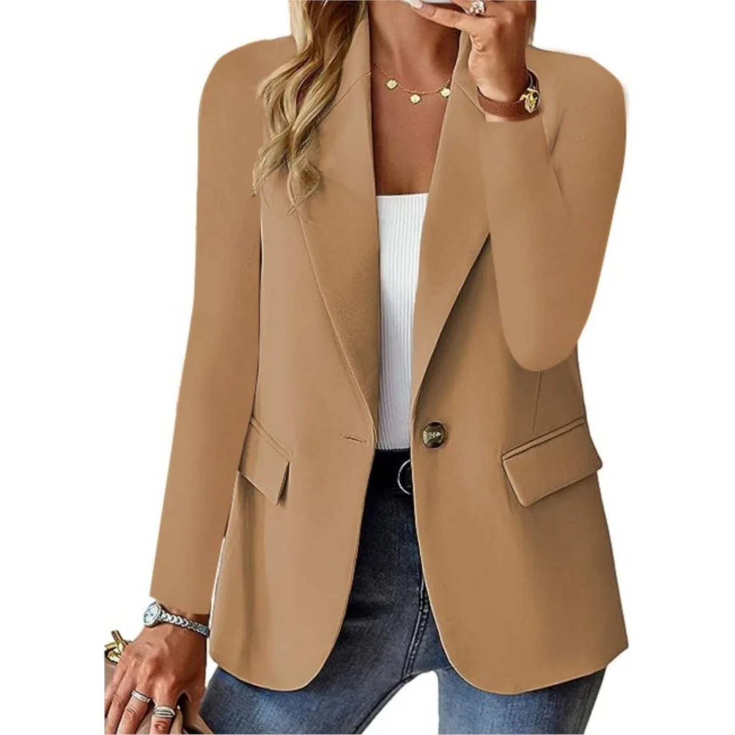 Casual long-sleeve blazer with slim pocket and buckle for women