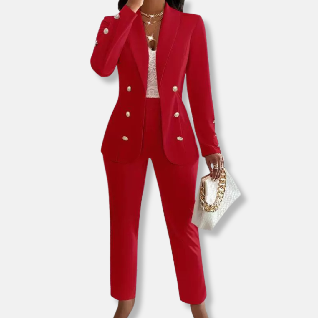 Women’s Two-Piece Pants Set – Slim Fit Double-Breasted Blazer – Shawl Collar – Straight Leg Trousers