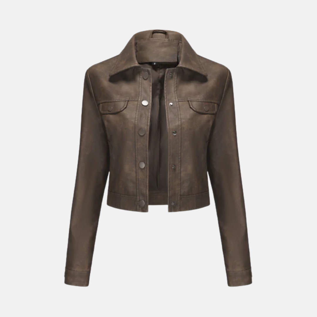 Women’s Cropped Jacket – Structured Fit – Woven Texture – Snap Front – Point Collar
