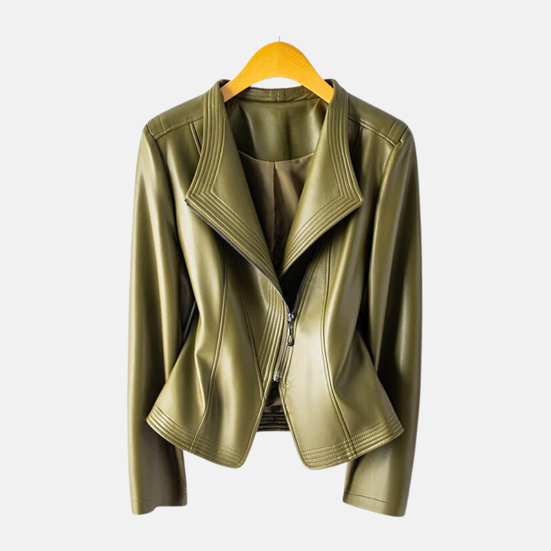 Women’s Jacket - Faux Leather - Cropped Length - Stand Collar - Asymmetrical Zipper