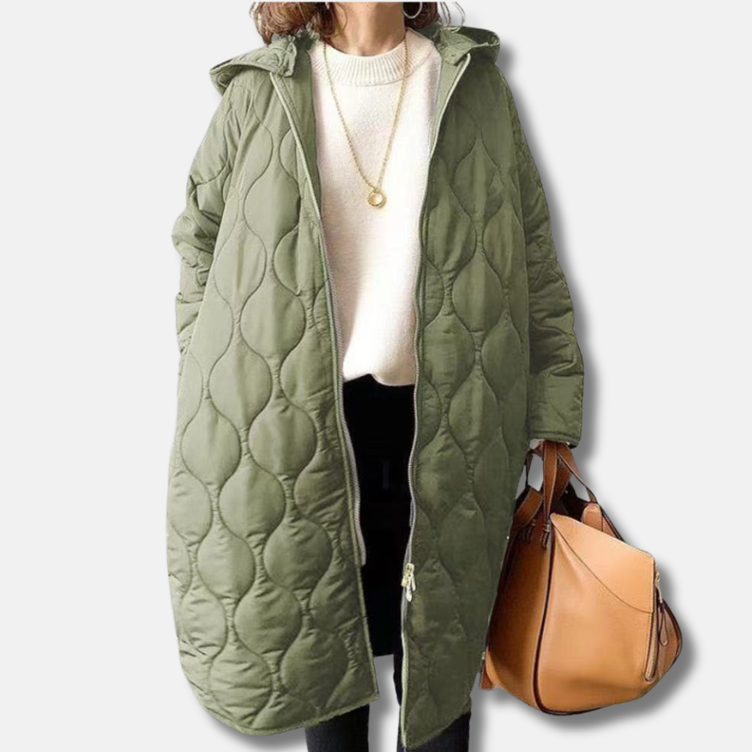 Women’s Quilted Jacket – Oversized Fit – Long Length – Hooded with Zip Closure