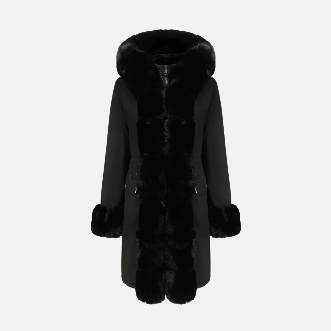 Women’s Long Coat – Regular Fit – Faux Fur Hood and Cuffs – Full Length – Zipper Closure