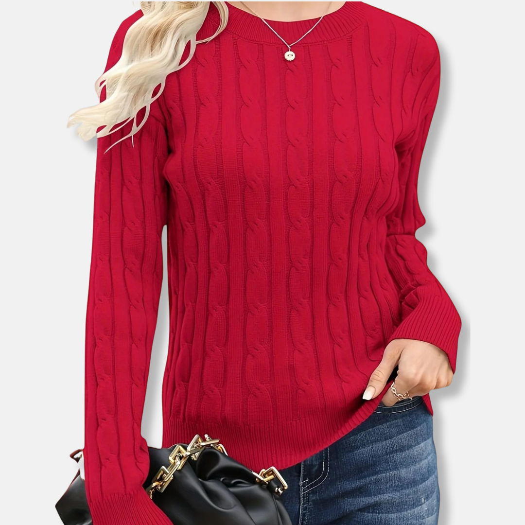 Women’s Sweater - Fine Gauge Knit - Crew Neck - Long Sleeve - Cable Knit Pattern