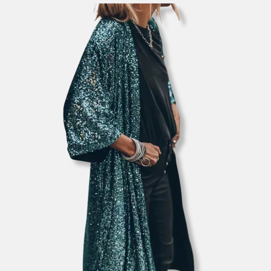 Women’s Duster Cardigan – Sequin Embellished – Loose Fit – Open Front – 3/4 Sleeve