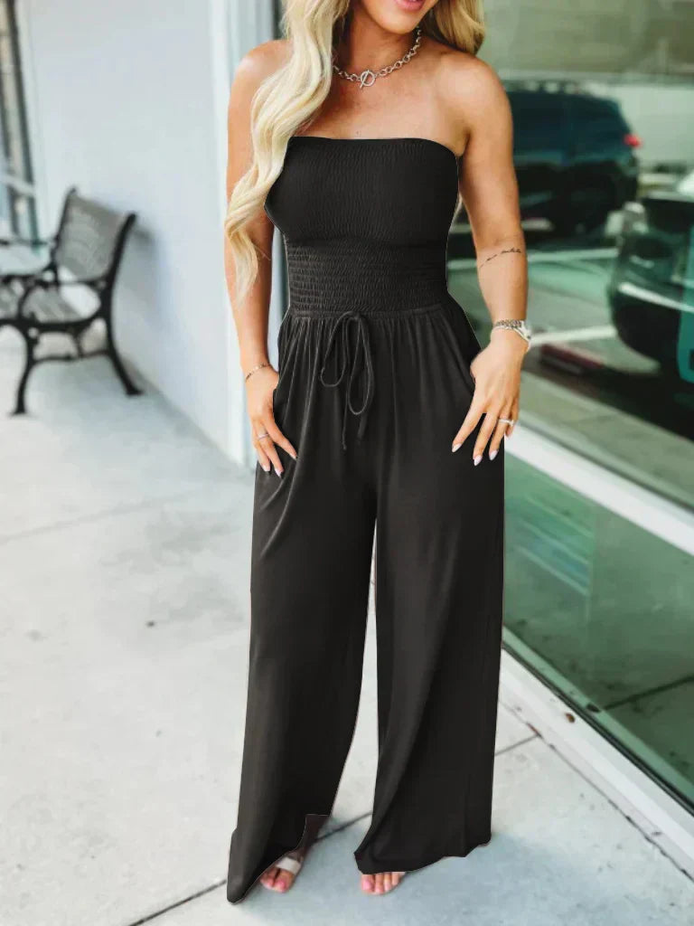 Women's Jumpsuit - Smock Top - Adjustable Waist - Wide Leg - Light and Comfortable