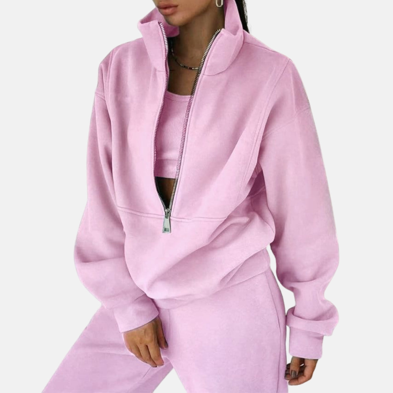 Women’s Two-Piece Tracksuit Set – Relaxed Fit – High Collar Zip Top – Cotton Blend – Full Length