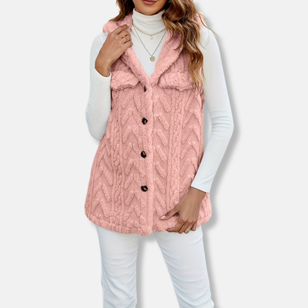 Women’s Hooded Vest – Cable Knit – Fuzzy Texture – Button Front – Relaxed Fit – Pockets