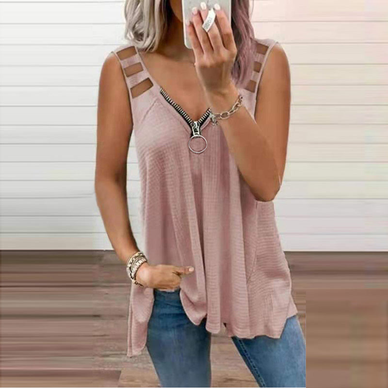 Lavinia Sleeveless Blouse For Women With Shoulder Cutouts And Crossed Straps Soft Textured Fabric All Day Comfort