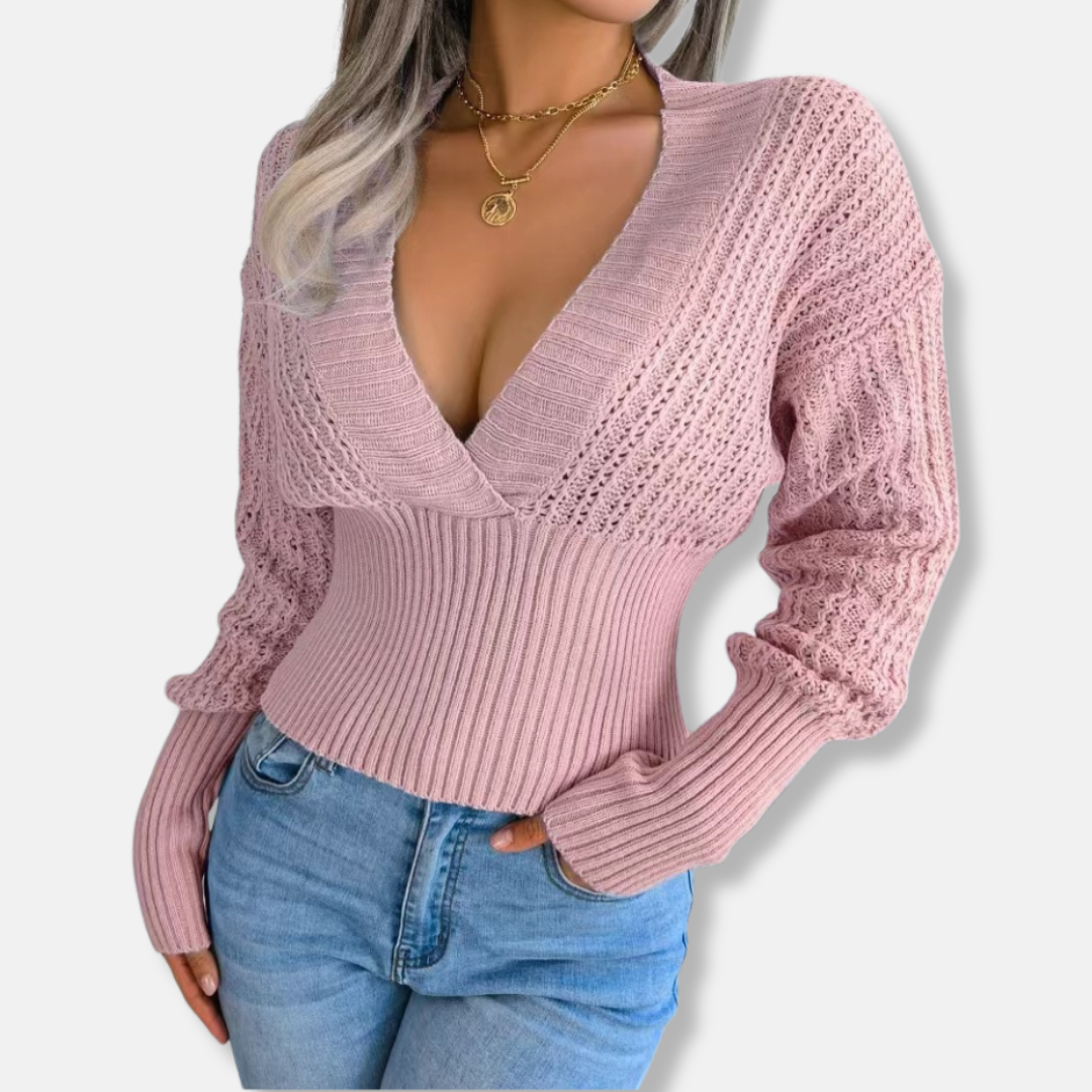 Women’s Knitted Top – Slim Fit – Deep V-Neck – Ribbed Waist – Open Knit Sleeves