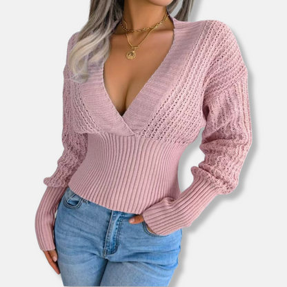 Women’s Knitted Top – Slim Fit – Deep V-Neck – Ribbed Waist – Open Knit Sleeves