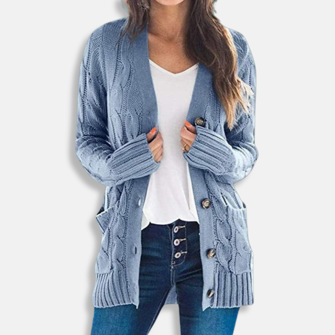 Women’s Cardigan Sweater – Chunky Cable Knit – Relaxed Fit – Button Front – Patch Pockets