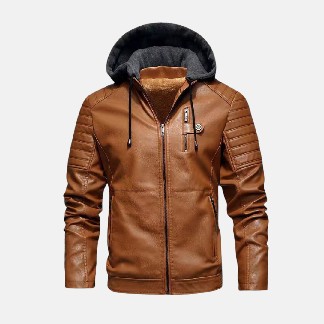 Men's Leather Jacket Slim Fit With Plush Lined Hoodie Quilted Shoulders Zipper Closure