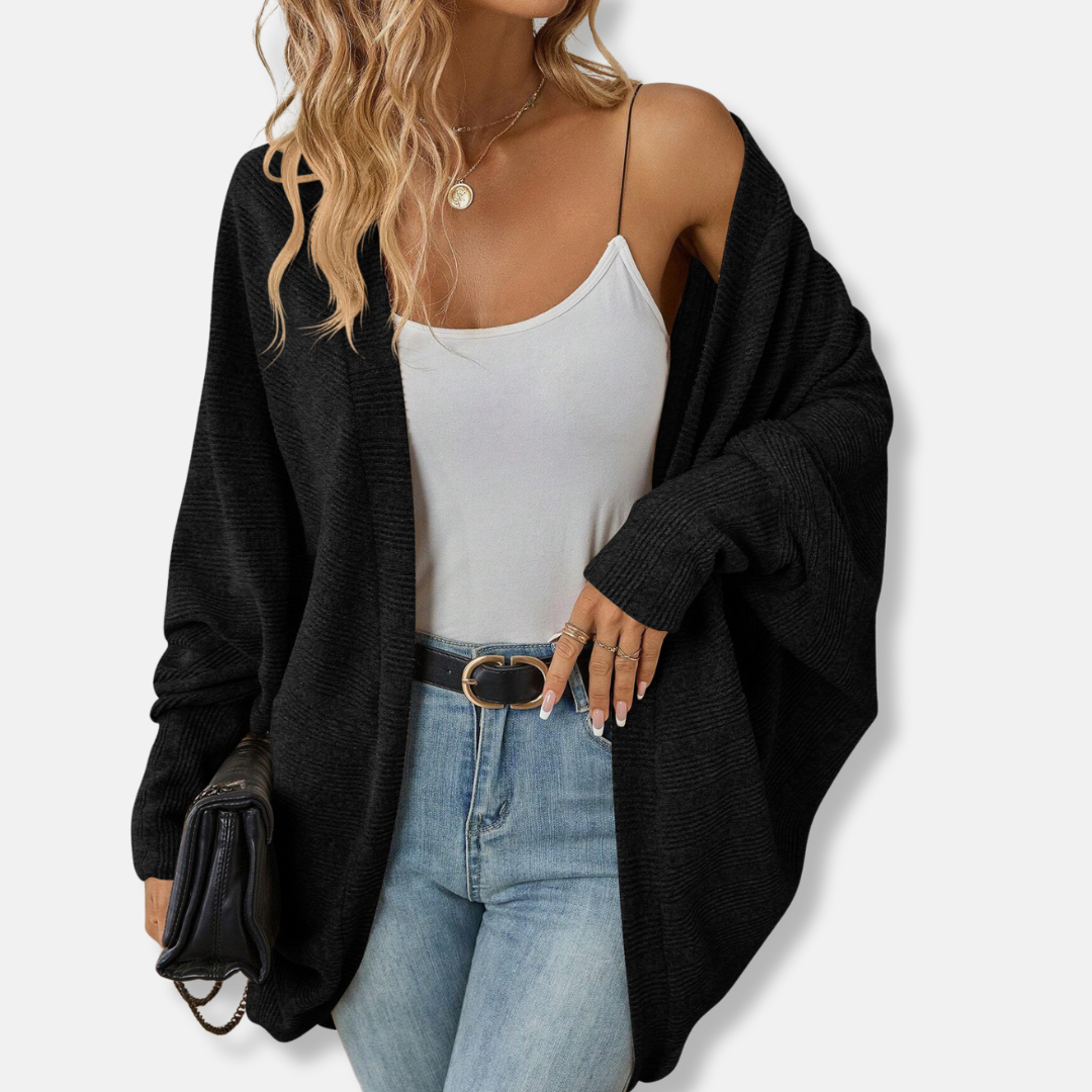 Women’s Cardigan - Ribbed Knit - Loose Fit - Batwing Sleeves - Open Front