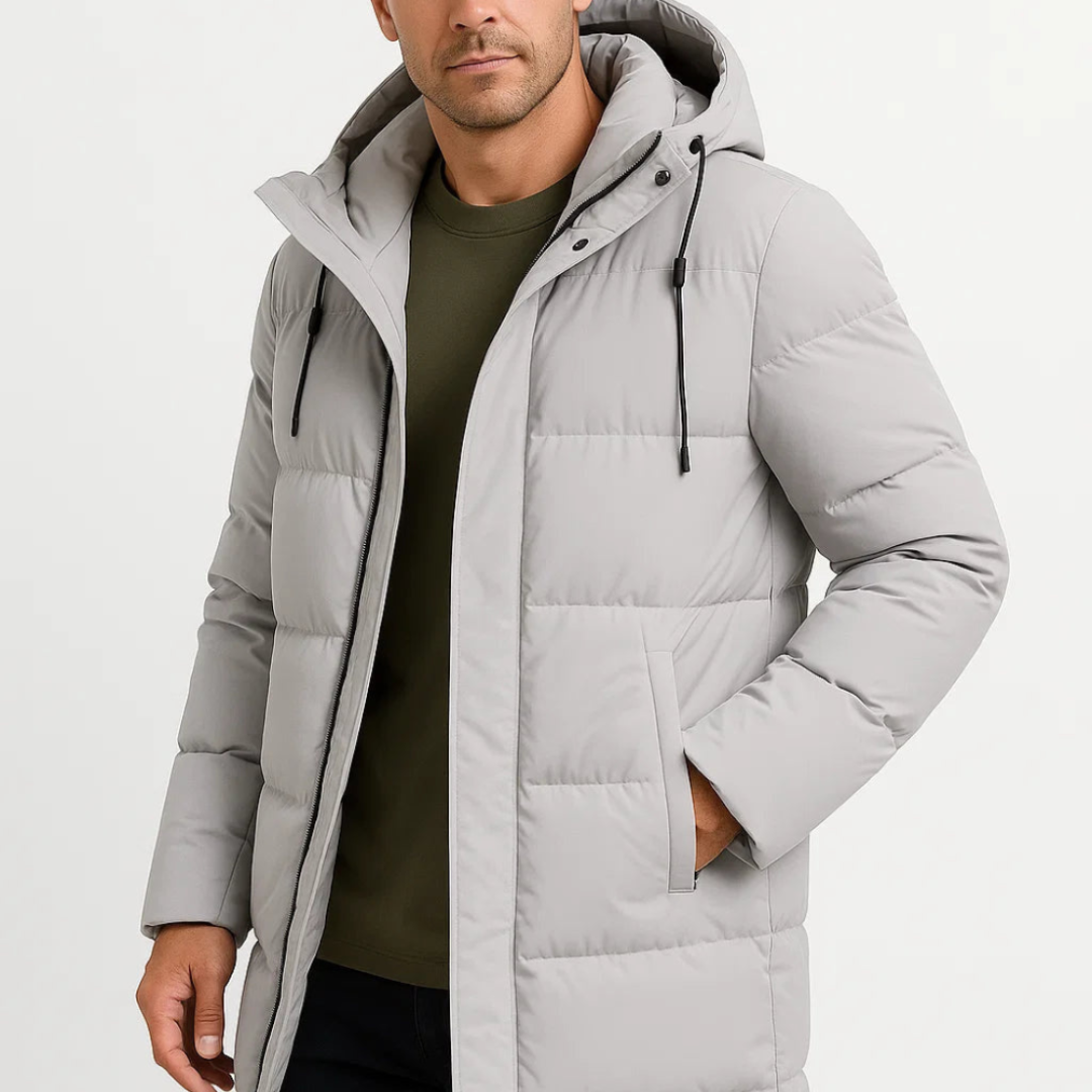 Modern Men's Hooded Insulated Coat With Padded Insulation And Adjustable Hood For Everyday Outdoor Warmth