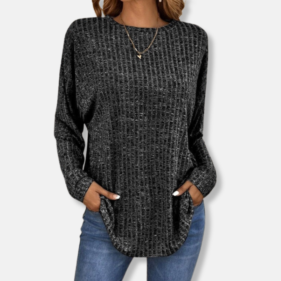 Women’s Pullover Top – Relaxed Fit – Ribbed Knit – Long Sleeve – Curved Hem