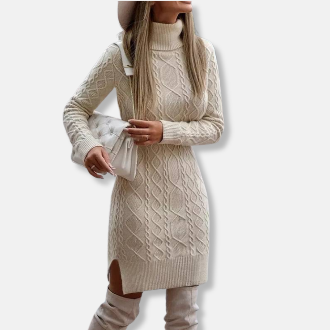 Women’s Mini Dress – Slim Fit – Wool Blend Knit – Turtleneck – Long Sleeve – Side Slit