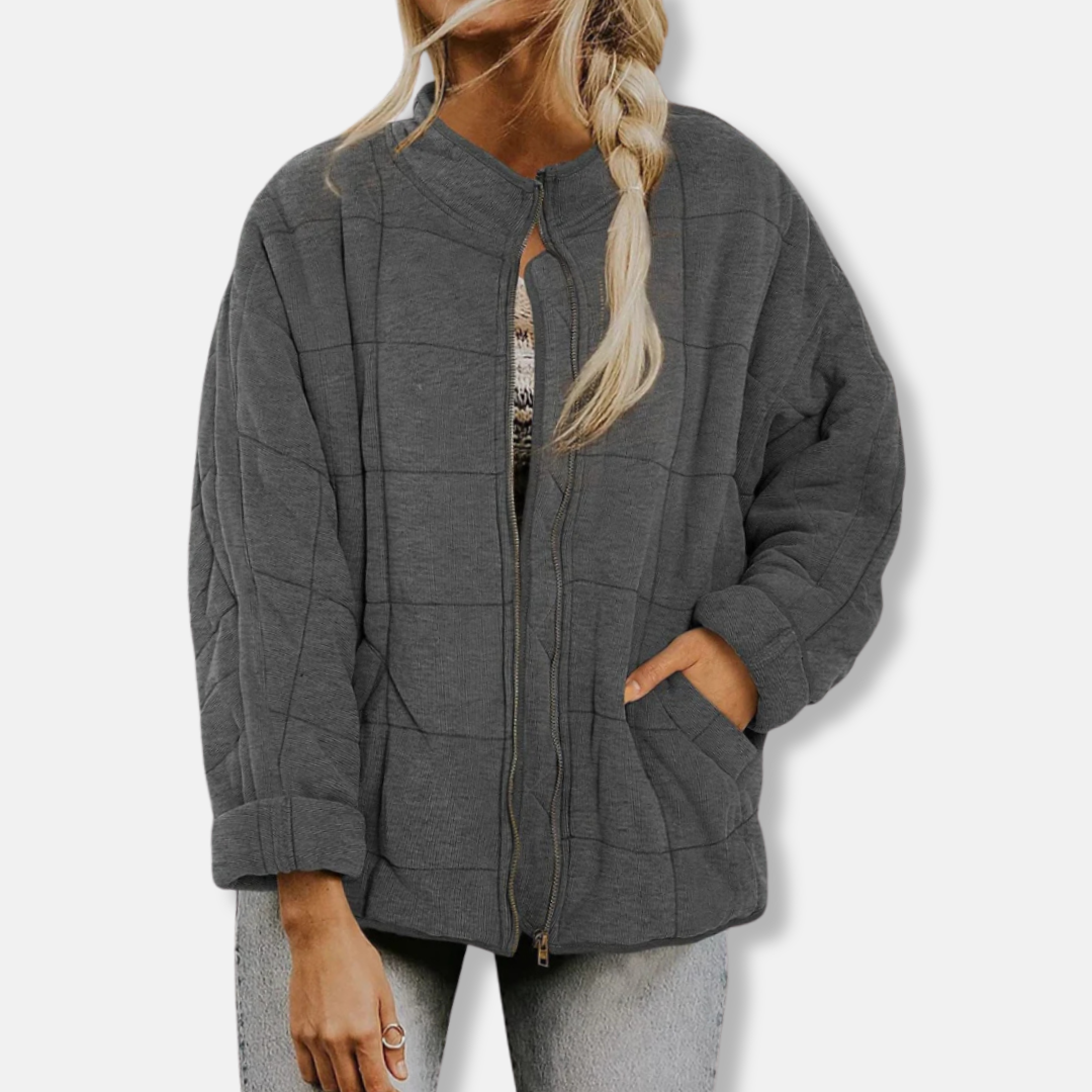Women’s Quilted Coat – Oversized Relaxed Fit – Stand Collar – Full Zip – Hip Length