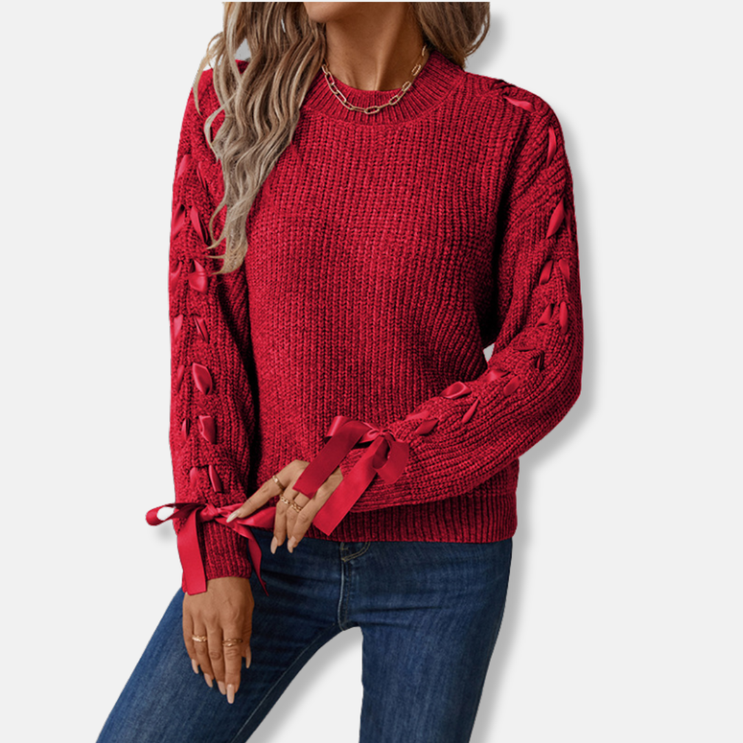 Women’s Pullover Sweater – Relaxed Fit – Soft Knit – Lace-Up Sleeves – Crew Neck