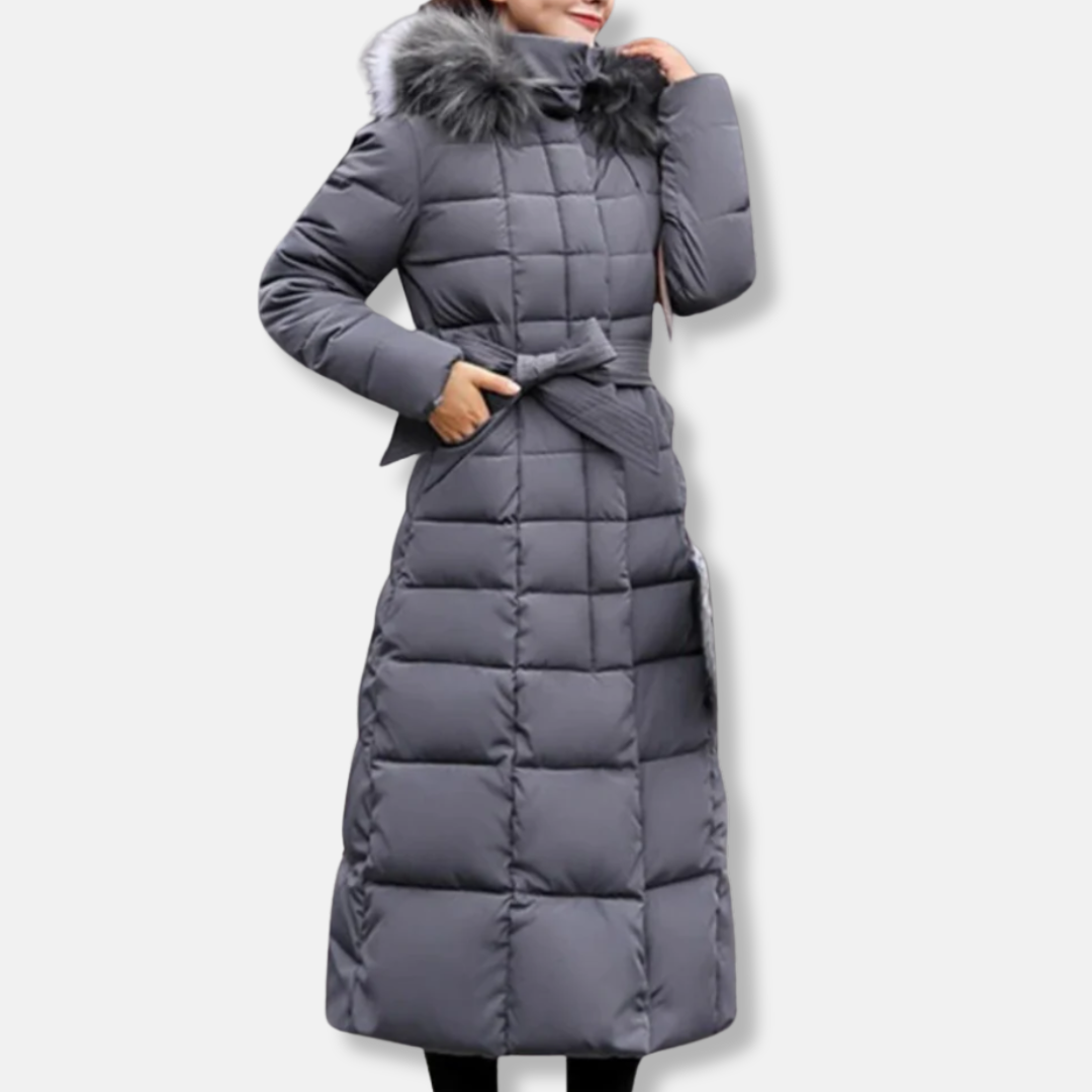 Women’s Quilted Coat – Belted Waist – Fur Hood – Long Insulated Slim Fit