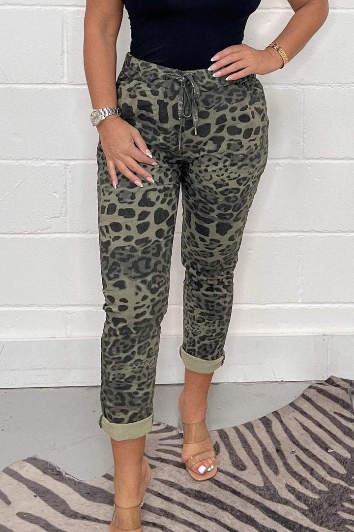 Womens Casual Leopard Print Trousers | Cuffed