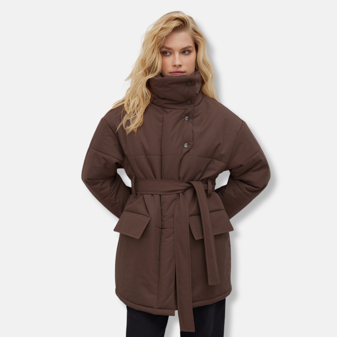 Women’s Jacket - Oversized Fit - High Stand Collar - Belted Waist